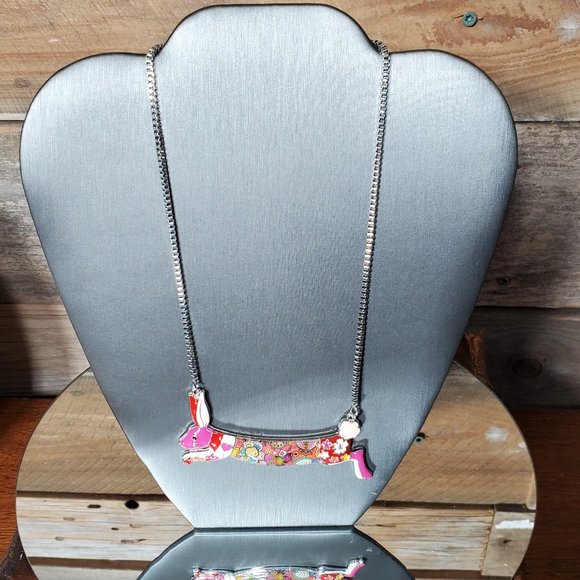 Enamel & Silver Running Rabbit - Bunny - Choker Necklace - Hand Painted - Picture 2 of 9